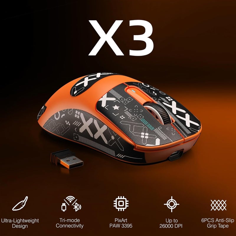 MANBASNAKE Attack Shark X3 Wireless Gaming Mouse, 49g Triple Mode Ergonomic Computer Mouse, PAW3395 26K DPI Sensor, 200h Battery Life, Griptape, Programmable Buttons for PC/Laptop/Mac (Orange) - Image 2